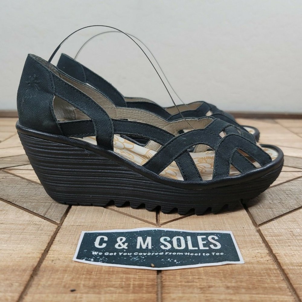 Fly London Black Yadi Suede Wedge Sandal Open Toe - Picture 1 of 10